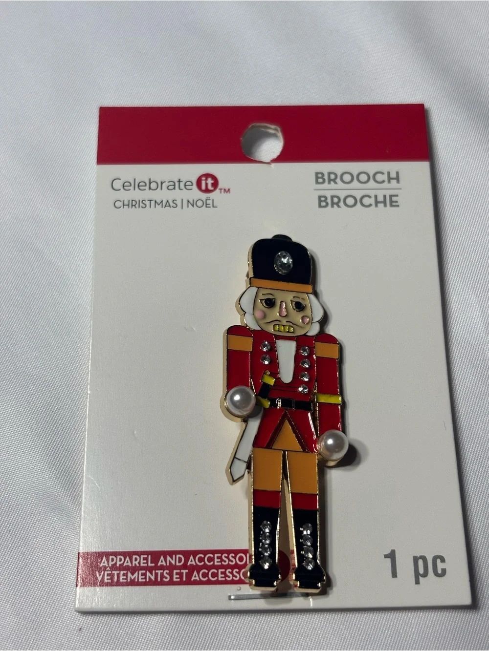 New Christmas Celebrate It Nutcracker Brooch in Red and Gold